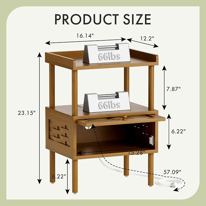 Amazer Walnut Nightstand with Charging Station, Bamboo Night Stand - Image 2