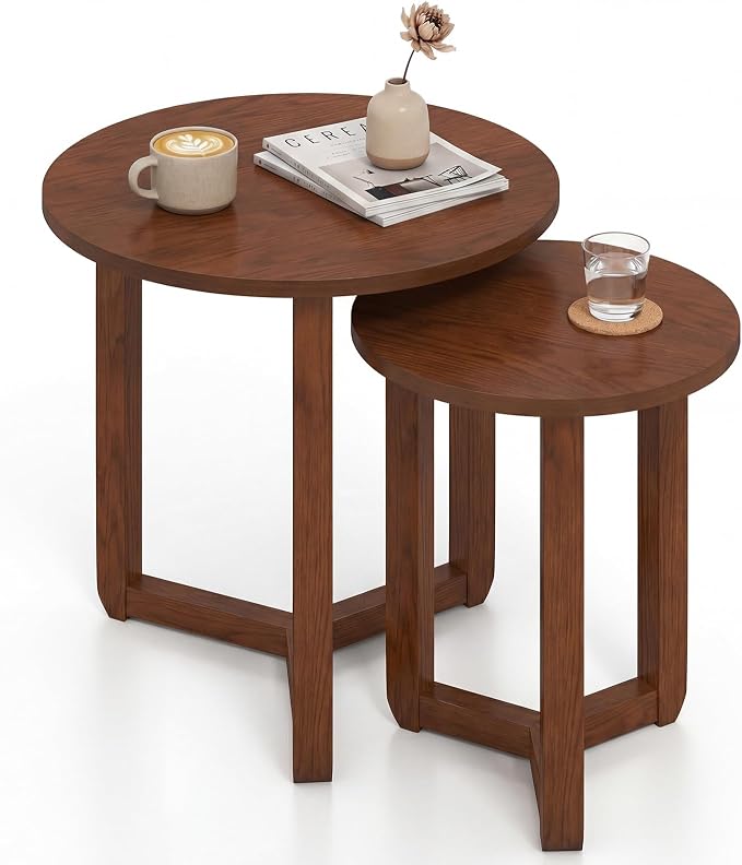Giantex Round Nesting Coffee Table Set of 2, Wood Nesting End Tables - Image 9