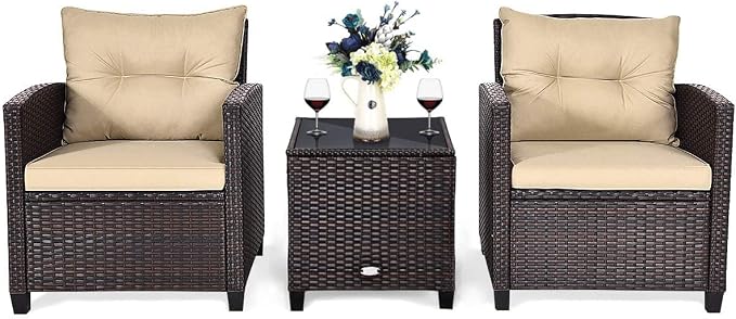 HAPPYGRILL 3 Pieces Patio Conversation Set, Outdoor Furniture Set PE Rattan - Image 9