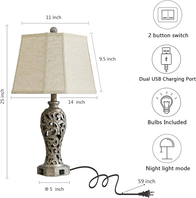 Vintage Table Lamps Set of 2 for Living Room Bedroom, 2 USB Ports 25'' Rustic - Image 6