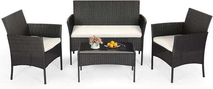 FDW | 4-Piece Patio Furniture Set | Black | Outdoor Wicker Furniture by FDW
