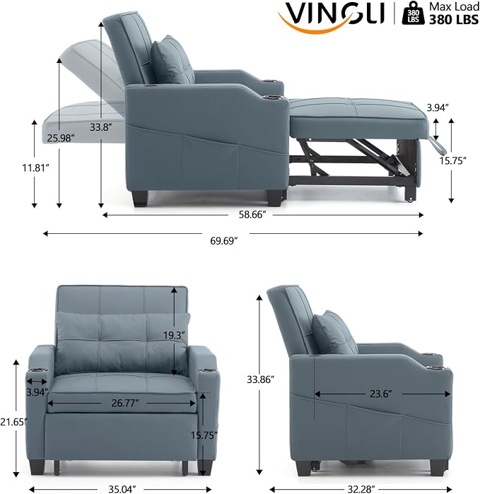 VINGLI 3-in-1 Convertible Sofa Bed, Recliner - Image 2