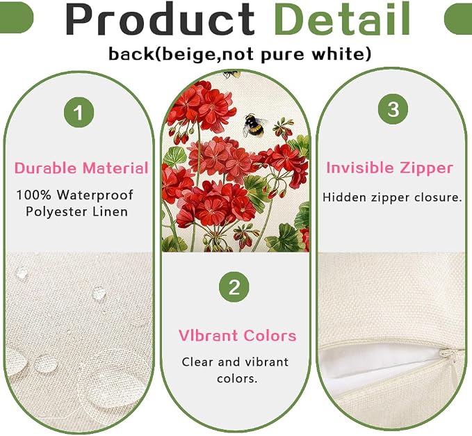 RABUSOFA Spring Summer Outdoor Geranium Pillow Cover Waterproof 12x20 - Image 3