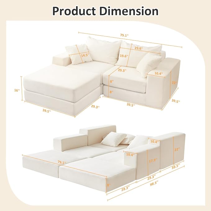 Modular Sectional Loveaeat Cloud Sofa, Boneless Couch - Image 3