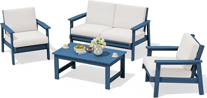 SERWALL 4 Piece HDPE Outdoor Furniture Set, All Weather Wood-Like Outdoor Sofa by SERWALL