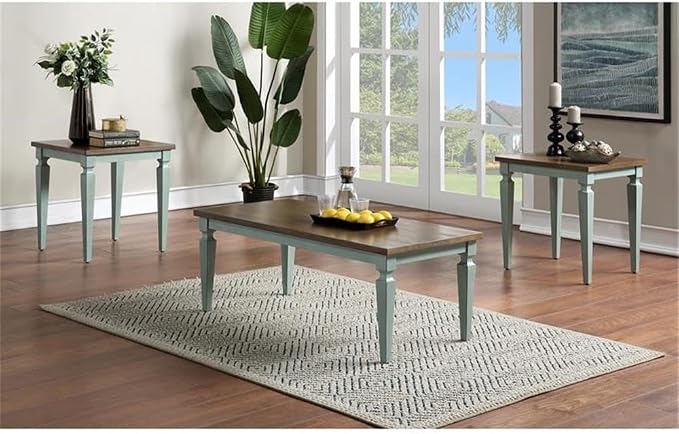 BOWERY HILL Transitional Wood 3-Piece Coffee Table Set, Antique Blue and Oak - Image 2