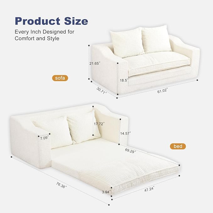 61" Convertible Sofa Bed Loveseat, Memory Foam Boneless Floor Couch - Image 3
