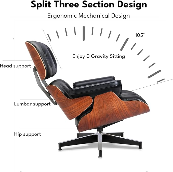 Top Black Grain Leather, Mid Century Chaise Lounge Chair and Ottoman, Accent - Image 7