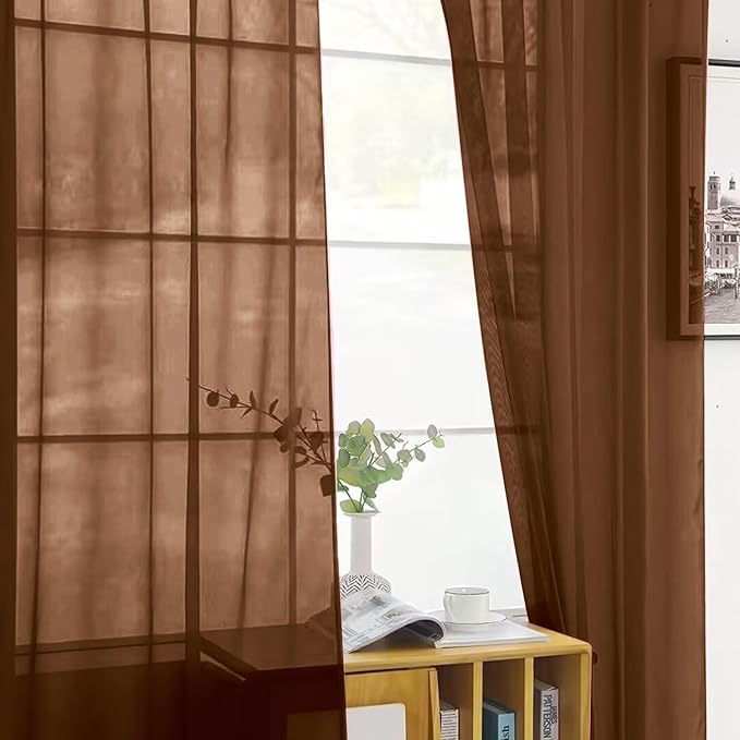 SpaceDresser Brown Sheer Curtains 4 Panels Rod Pocket Semi-Sheer Curtain 108 - Image 4