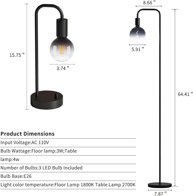 ONEWISH Industrial Lamp Set 3 Piece-1 Floor Lamp and 2 Dimmable Table Lamp- 3 - Image 6