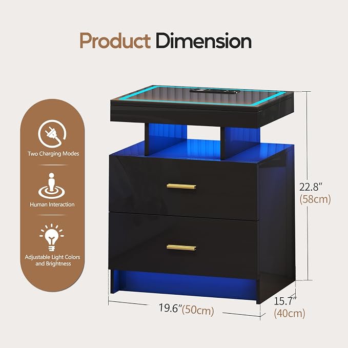 LED Nightstand with Wireless Charging Station, Glass Top Smart Bedside Table - Image 2