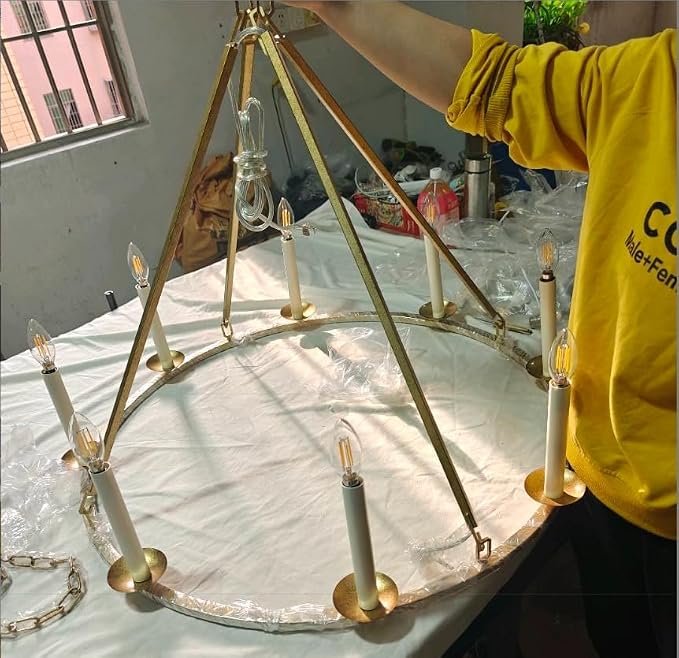 LOVEDIMA Gold Wagon Wheel Chandelier Rustic 35.4'' Candle-Shaped Metal - Image 8