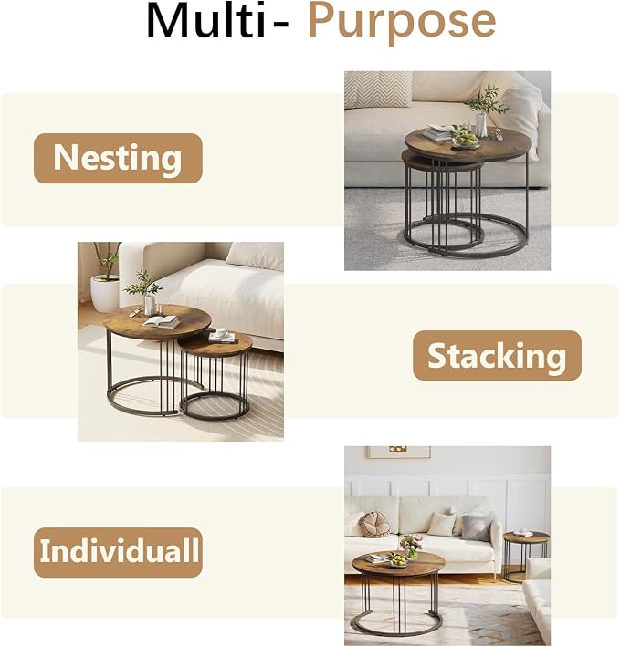 Garden 4 you Nesting Coffee Table, 23.6" Round Coffee Table Set of 2, Wooden - Image 6