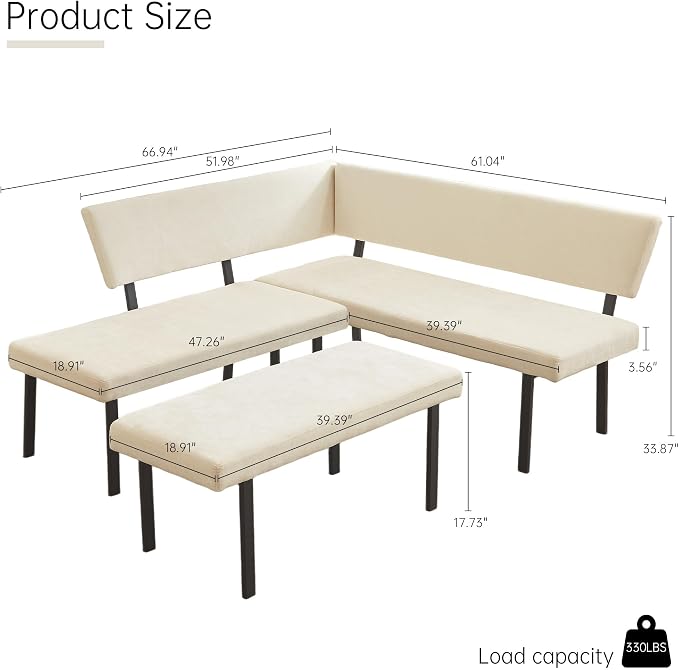 HIPIHOM Modern L-Shaped Dining Bench, 67 Inch Fabric Upholstered Corner Sofa - Image 2