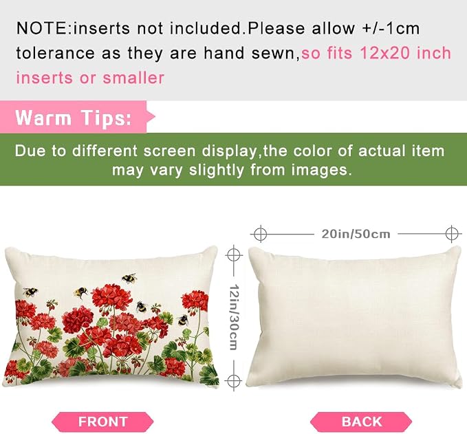 RABUSOFA Spring Summer Outdoor Geranium Pillow Cover Waterproof 12x20 - Image 4