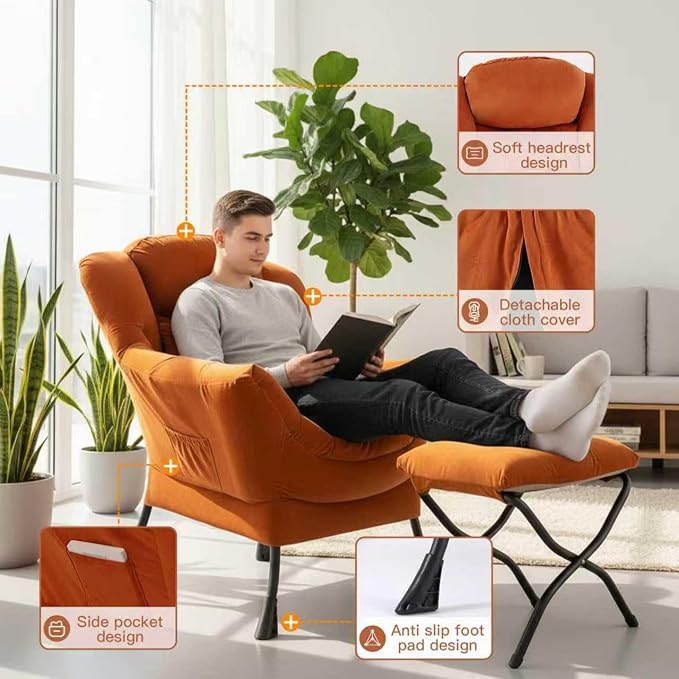 Tangerine Lazy Chair with Ottoman, Large Velvet Accent Chair with a Throw Pillow - Image 4
