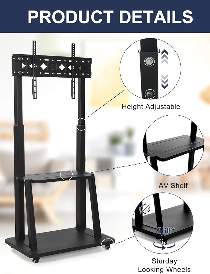 Mobile TV Stand on Wheels for 42-86 Inch Flat/Curved LED/LCD/OLED Rolling TV - Image 4