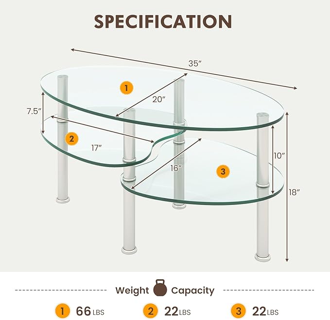 Tangkula Glass Coffee Table, Modern Furniture Decor 2-Tier Modern Oval Smooth - Image 3