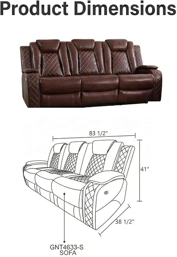 Power Recliner Sofa with LED Lights, Leather Power Reclining Sofa, Living Room - Image 2