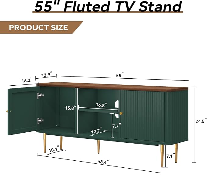 ARTPOWER 55” Fluted TV Stand, Mid Century Modern Green TV Stand - Image 2