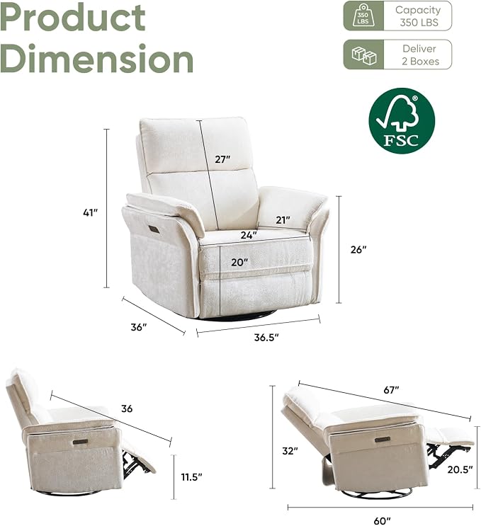 Power Swivel Rocker Recliner, Glider Recliner Nursery Chair - Image 2