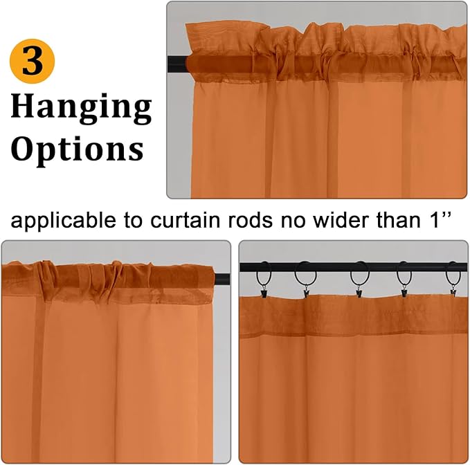 Gwine Burnt Orange Sheer Curtains 30 Inch Length, Short Light Filtering Voile - Image 4