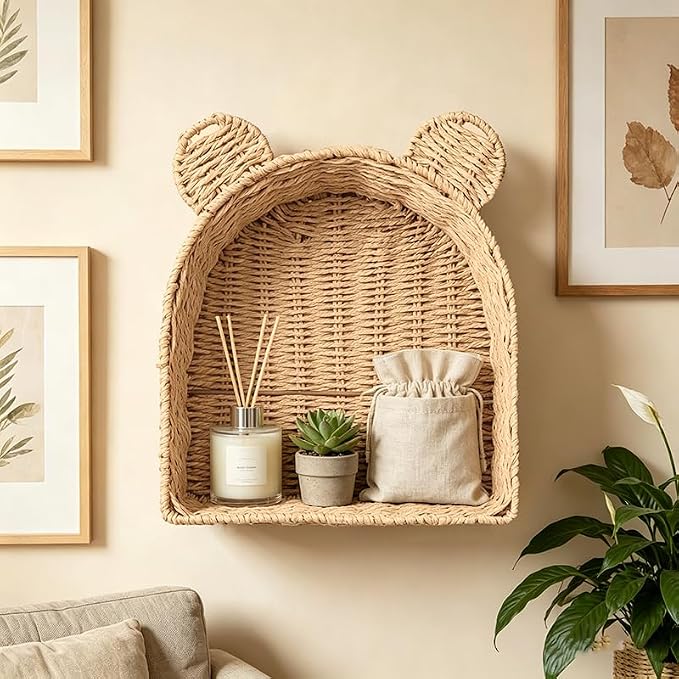 Arched Bear Nursery Wall Shelf, Handwoven Wicker Nursery Shelf - Image 5