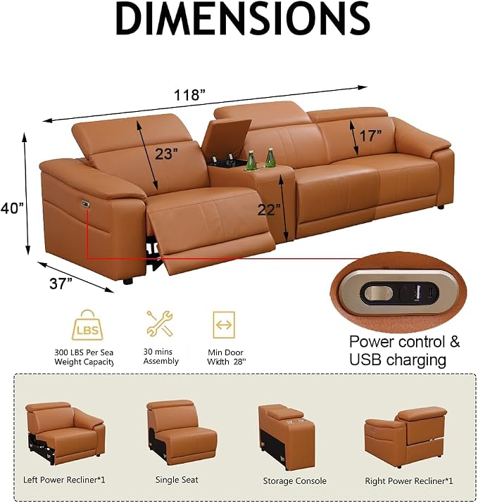 Power Recliner Sofa Set, Reclining Sectional Sofa Couch - Image 2