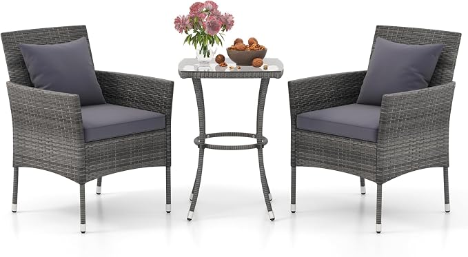 Tangkula 3-Piece Patio Furniture Set, PE Wicker Conversation Bistro Set w/A by TANGKULA