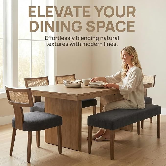 HNY Mid Century Modern Rattan Dining Chairs Set of 4, Farmhouse Linen - Image 6