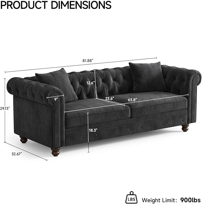 ONBRILL 82 Inch Chesterfield Sofa, 23 Inch Deep Seat Velvet Couch - Image 3