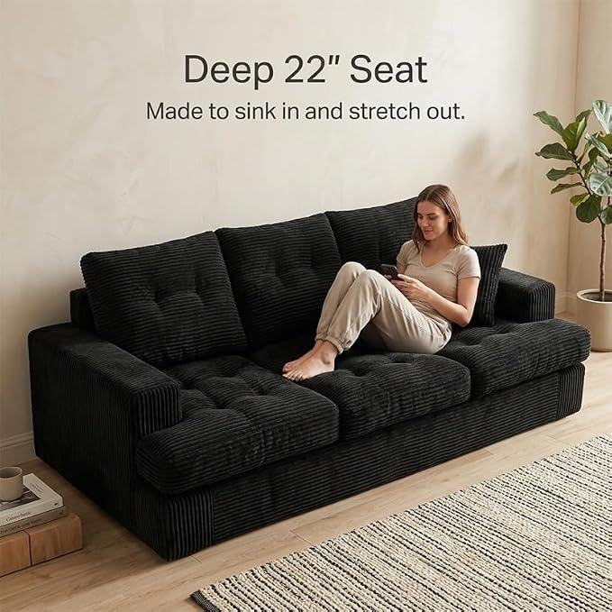 85" Corduroy 3 Seater Sofa in a Box, High-Density Foam Couch, No Assembly - Image 3