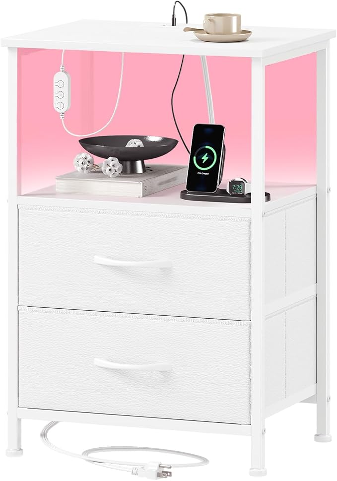 Somdot White Nightstand with Charging Station and LED Light by Somdot