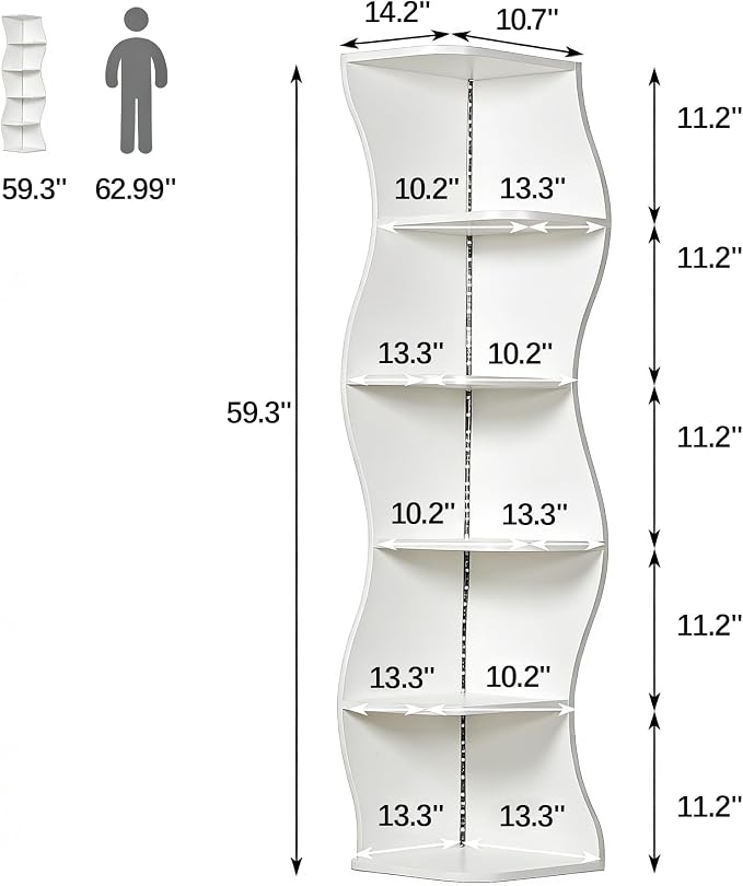 VECELO Wavy Corner Shelf with LED Light, Decorative 6-Tier Corner Display - Image 2