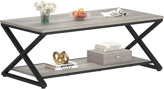 HSH Coffee Table with Storage, Farmhouse Grey Living Room Center Table - Image 8