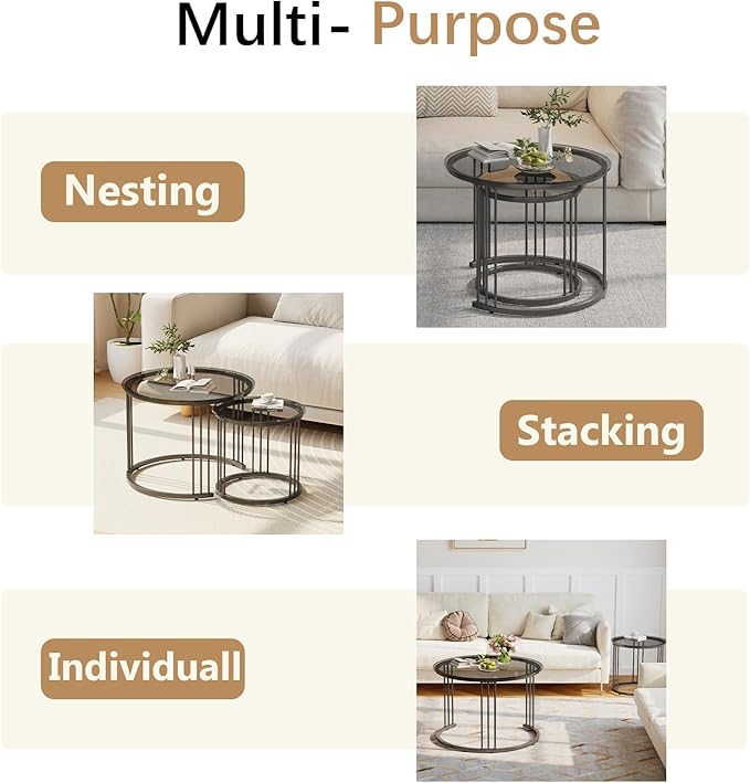 Garden 4 you Nesting Coffee Table, 23.6" Round Coffee Table Set of 2, Glass - Image 7