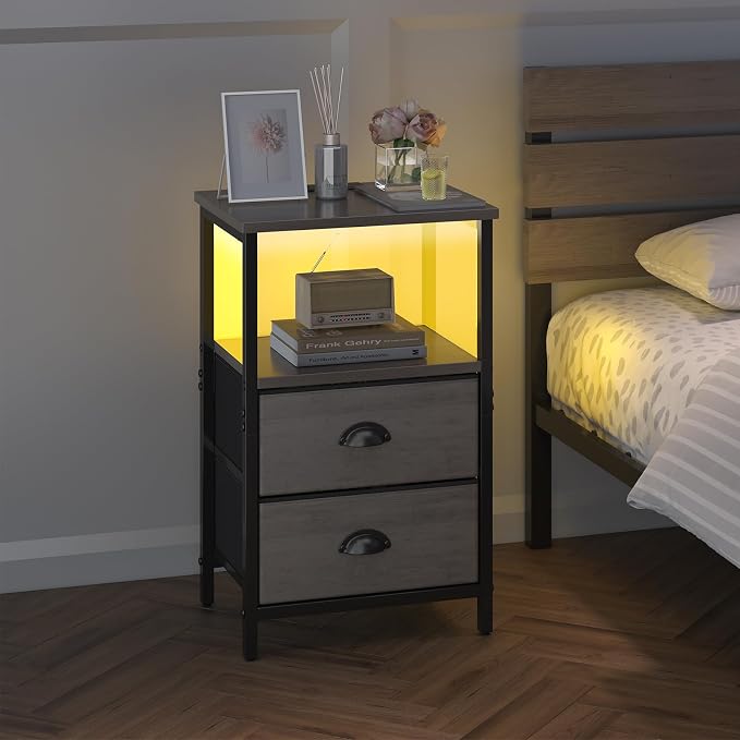 sthmec Nightstand with Charging Station, LED Night Stand with 2 Fabric Drawers - Image 7