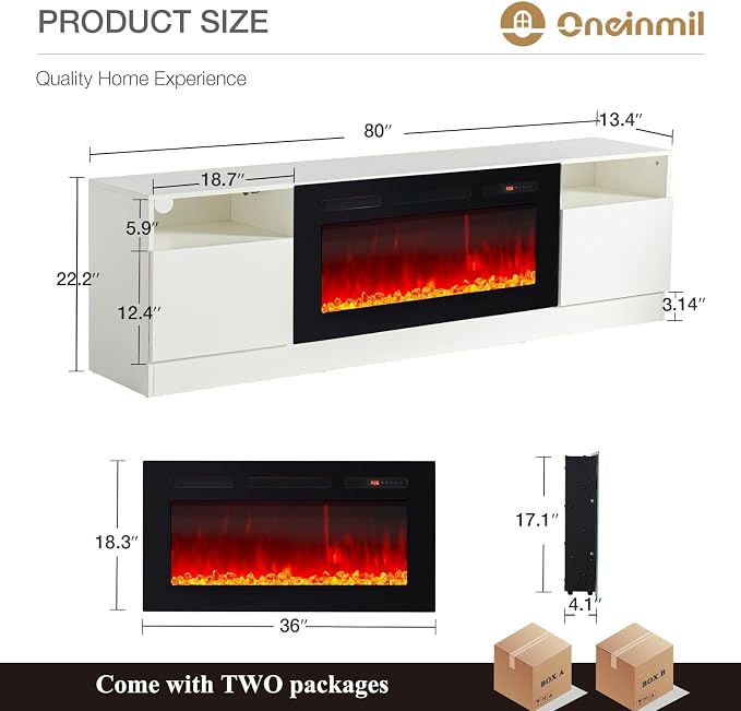 oneinmil 80” TV Stand with 36” Electric Fireplace, Large Modern Media - Image 2