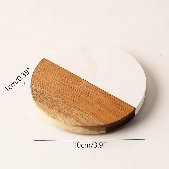 I-LAN 8-Pack Marble and Acacia Wood Coasters, 4-Inch Round Modern Drink Coaster - Image 2