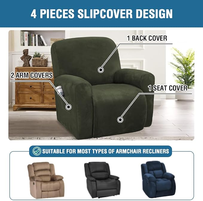 H.VERSAILTEX Velvet Stretch Recliner Couch Covers 4-Pieces Style Recliner Chair - Image 2