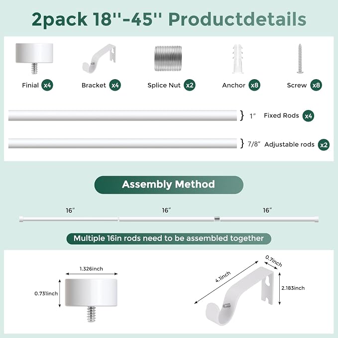 VOIIY 2 Pack Curtain Rods for Windows 18 to 42 Inch, Modern Adjustable Heavy - Image 8