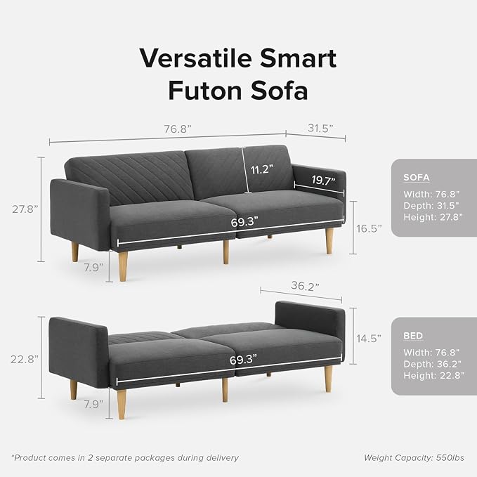 mopio 76.4" Futon Sofa Bed, Sleeper Sofa, Mid Century Modern Futon Couch - Image 2