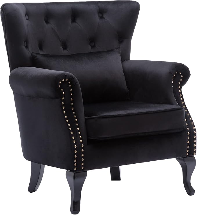Set of 2 Mid-Century Modern Accent Chair, Velvet Armchair w/Tufted Back/Wood - Image 6