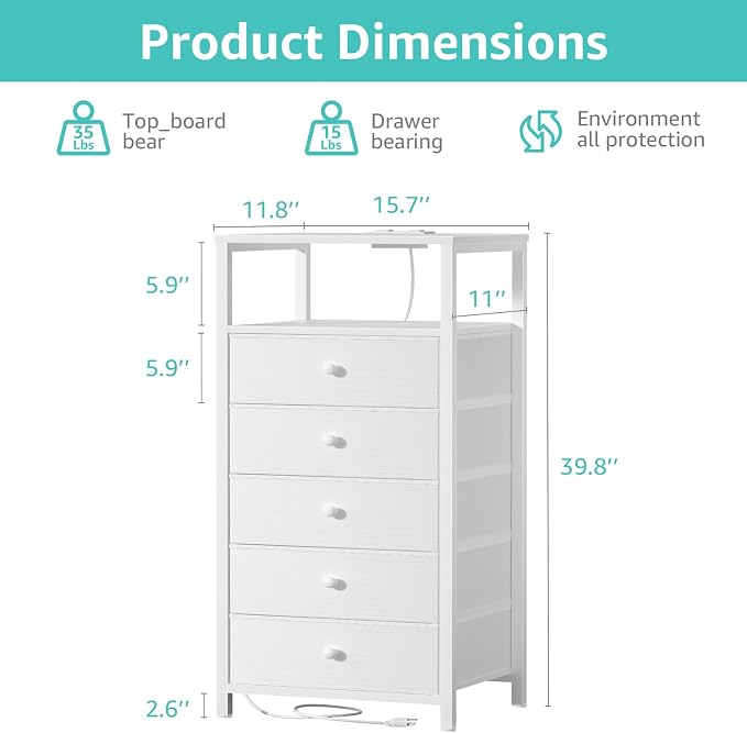 BOLUO White Dresser with 5 Drawers Tall Nightstand with Charging Station and - Image 3