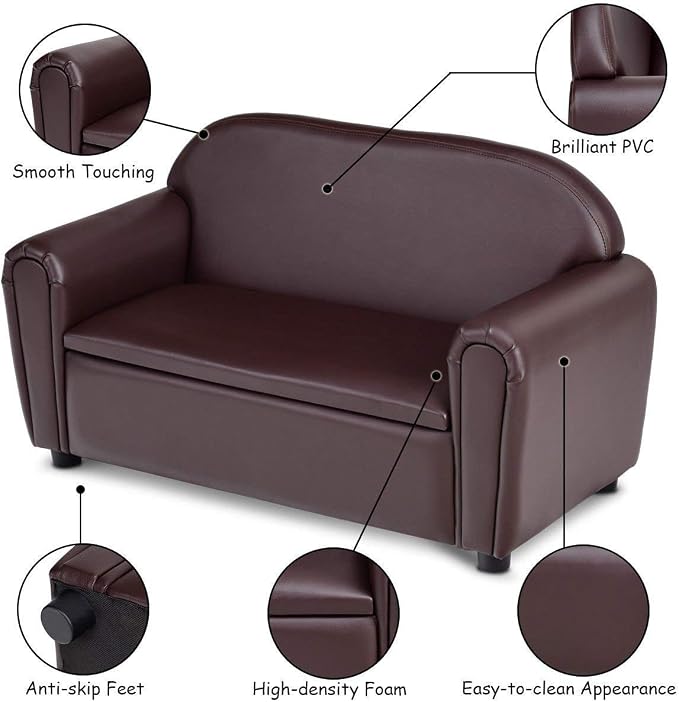 Costzon Kids Couch, 2 in 1 Double Seat Children's Sofa w/Under Seat Storage - Image 5