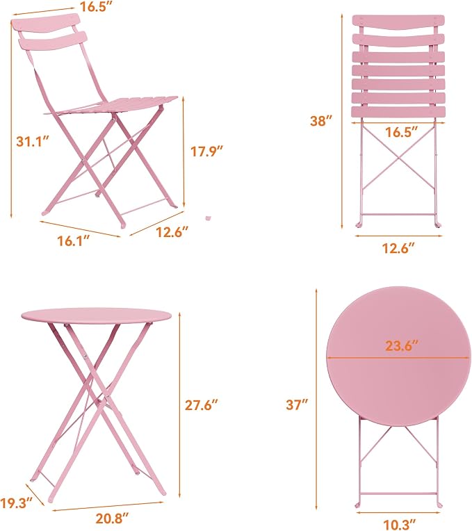 GarveeLife 3 Piece Patio Bistro Set, Folding Patio Bistro Table and Chairs Set - Image 8