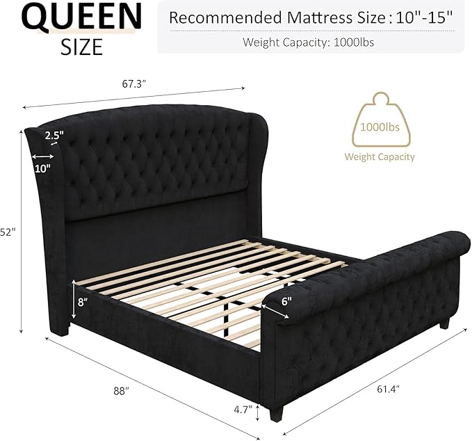 AMERLIFE Queen Size Platform Bed Frame, Velvet Upholstered Sleigh Bed - Image 2