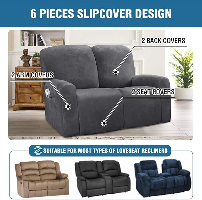 H.VERSAILTEX Velvet Stretch Recliner Couch Covers 6-Pieces Recliner Loveseat - Image 2