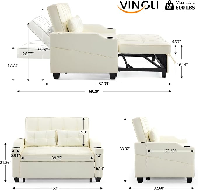 VINGLI Beige Futon Sofa Bed Convertible Loveseat Sleeper Couch, Faux Leather - Image 3
