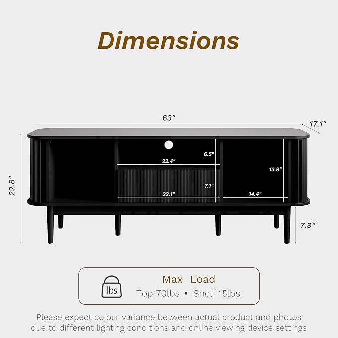 MAISONARIA 63" Black TV Stand, Fluted Entertainment Center - Image 3